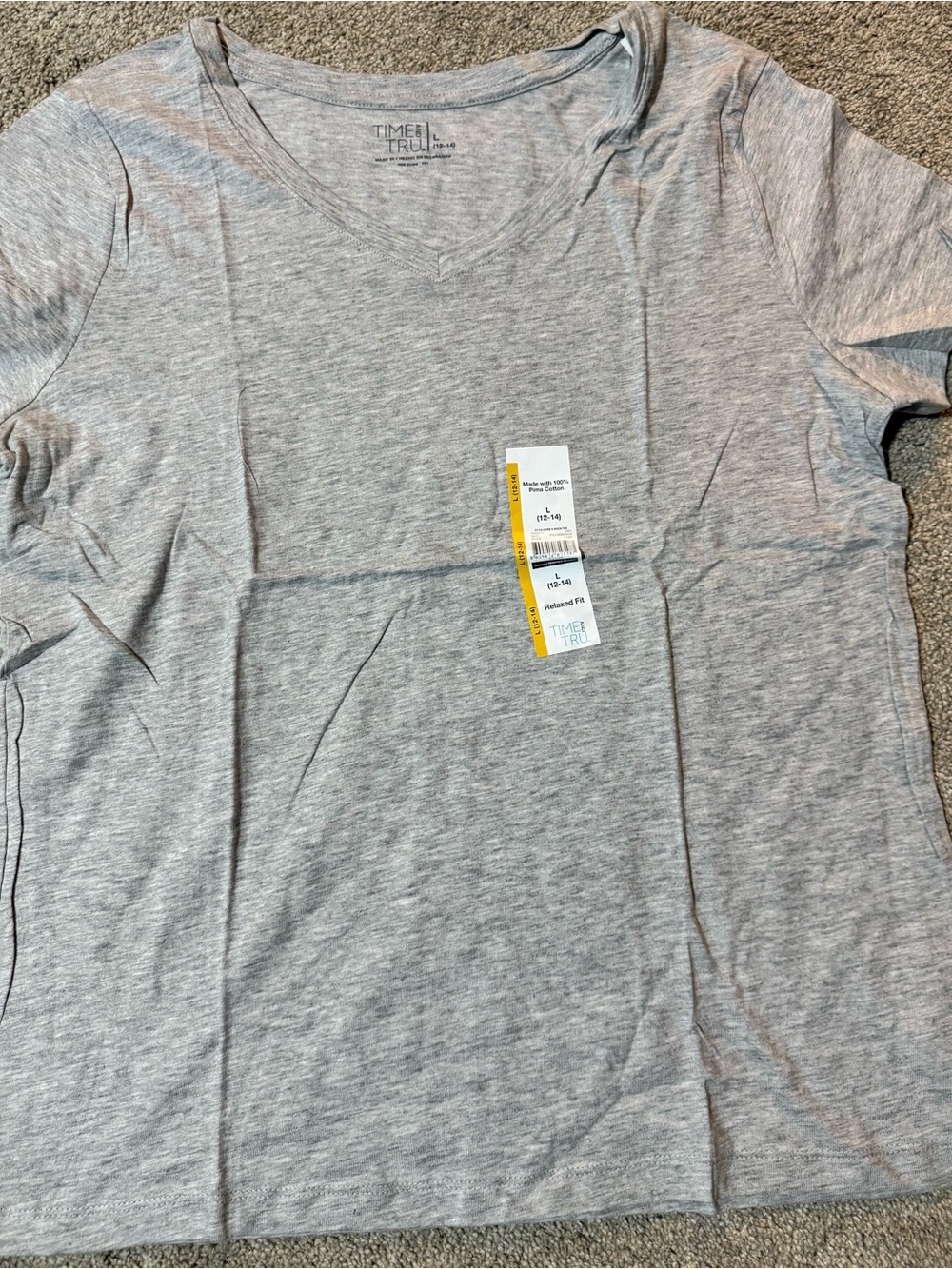 Time and Tru Light Heather Gray V-Neck Tee Large